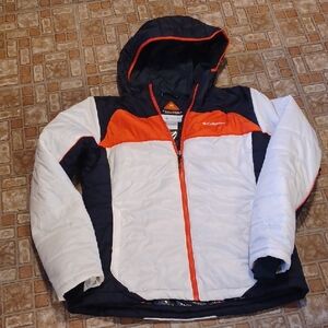 Columbia White and Orange Hooded Jacket Thermal Comfort Omni-heat Size Large